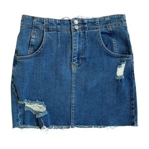 BNWT Free People Blue Denim Ripped Mini Jean Skirt SZ. 4